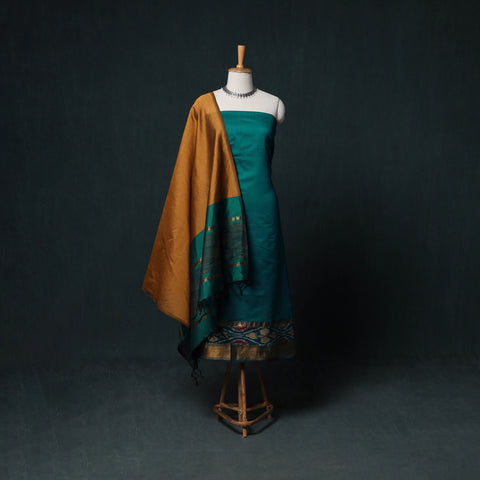 Pochampally Ikat Silk Cotton Kurta,Bottom & Dupatta Unstitched Dress Material Suit Set 04