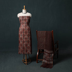 Brown - Kutch Hand Block Batik Print Kota Doria Cotton 3pc Unstitched Dress Material Suit Set 01
