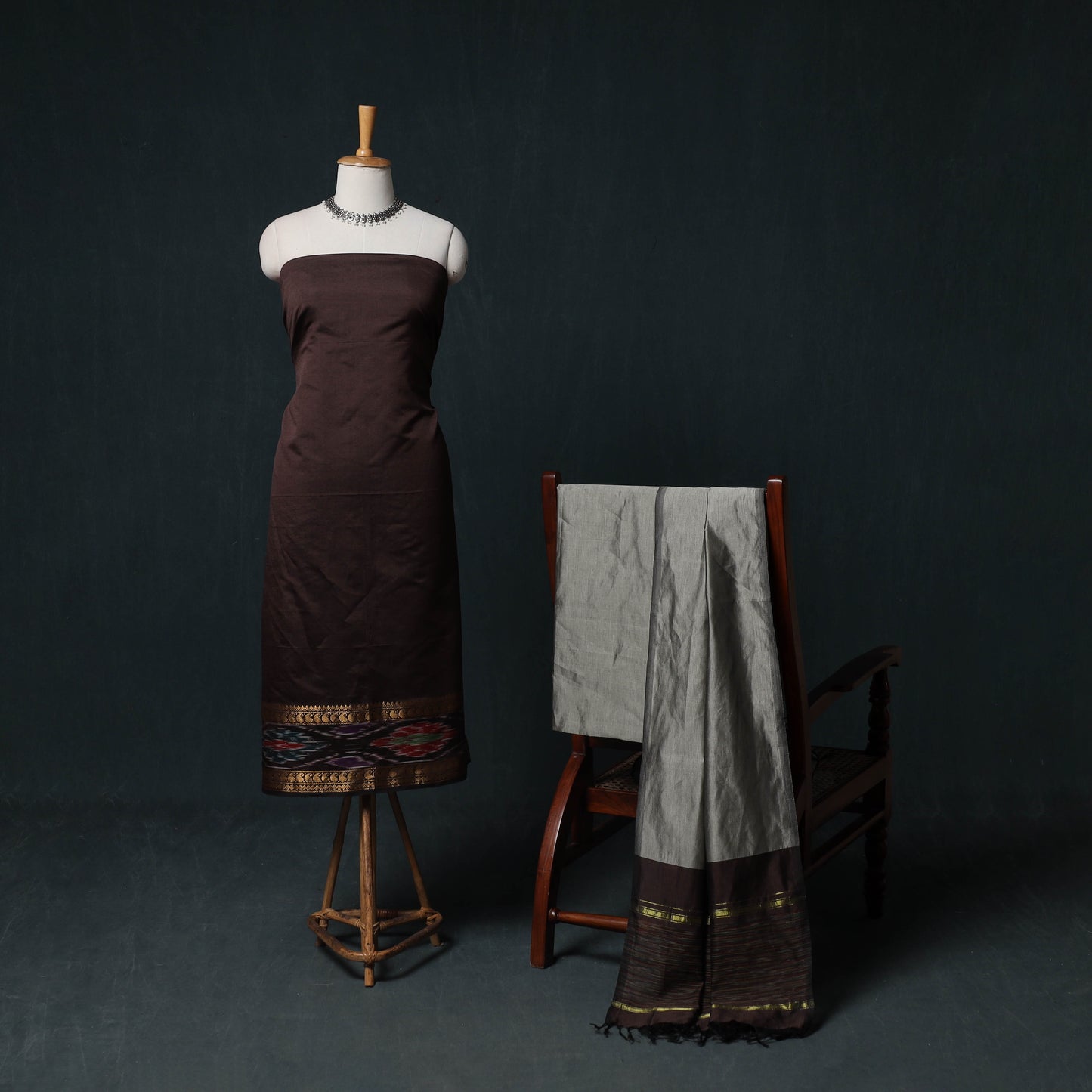 Pochampally Ikat Silk Cotton Kurta,Bottom & Dupatta Unstitched Dress Material Suit Set 06
