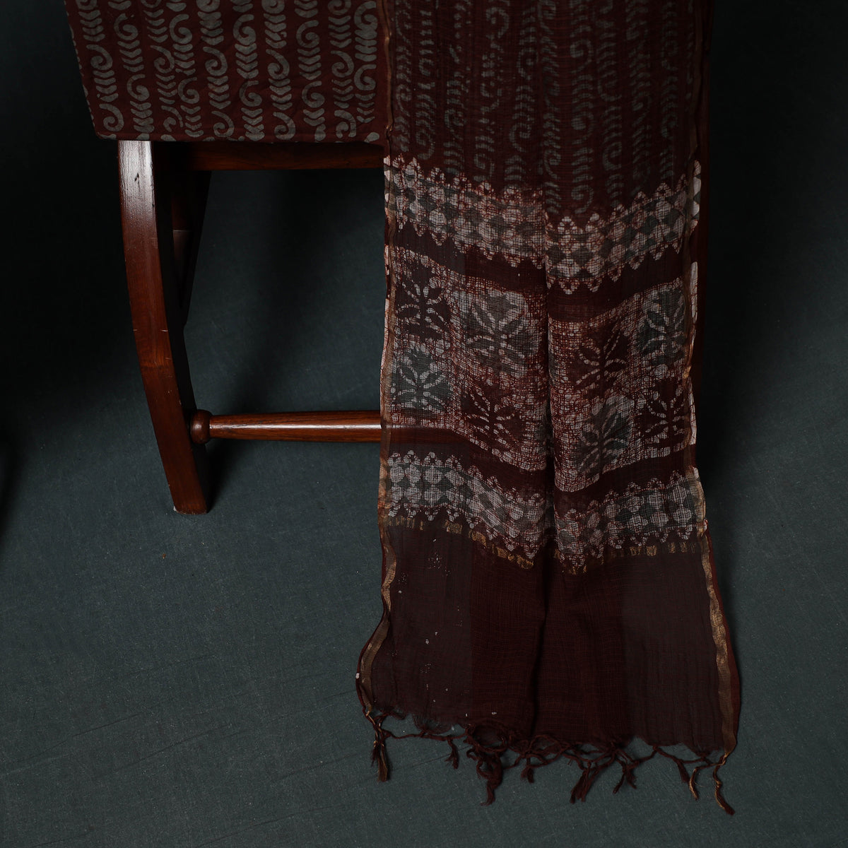 Brown - Kutch Hand Block Batik Print Kota Doria Cotton 3pc Unstitched Dress Material Suit Set 01