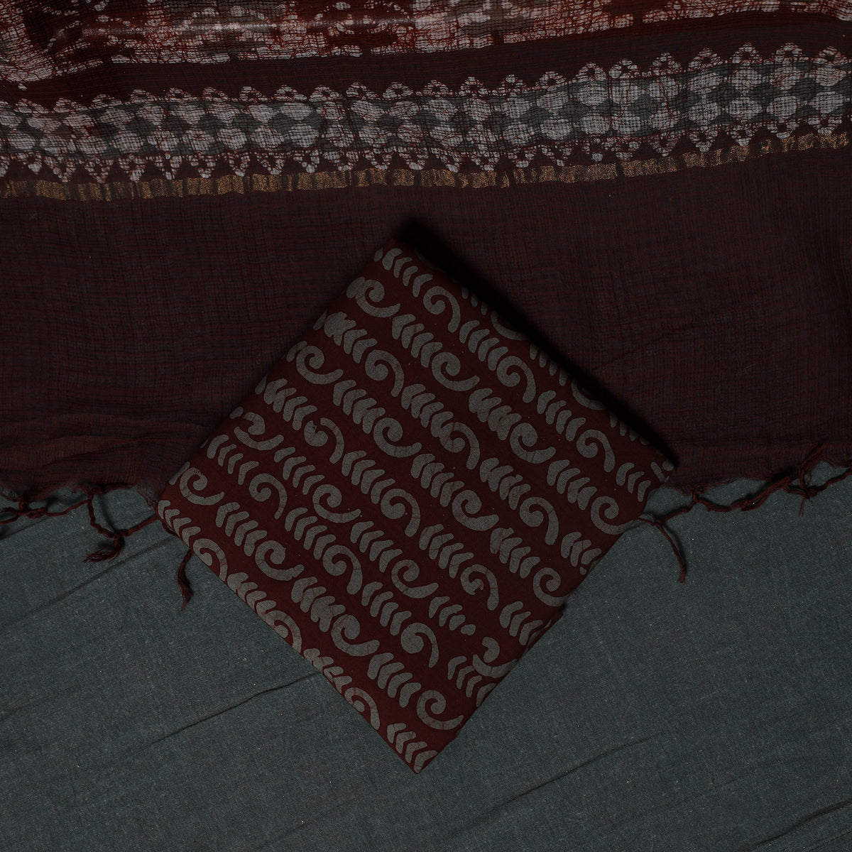 Brown - Kutch Hand Block Batik Print Kota Doria Cotton 3pc Unstitched Dress Material Suit Set 01
