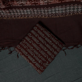 Brown - Kutch Hand Block Batik Print Kota Doria Cotton 3pc Unstitched Dress Material Suit Set 01