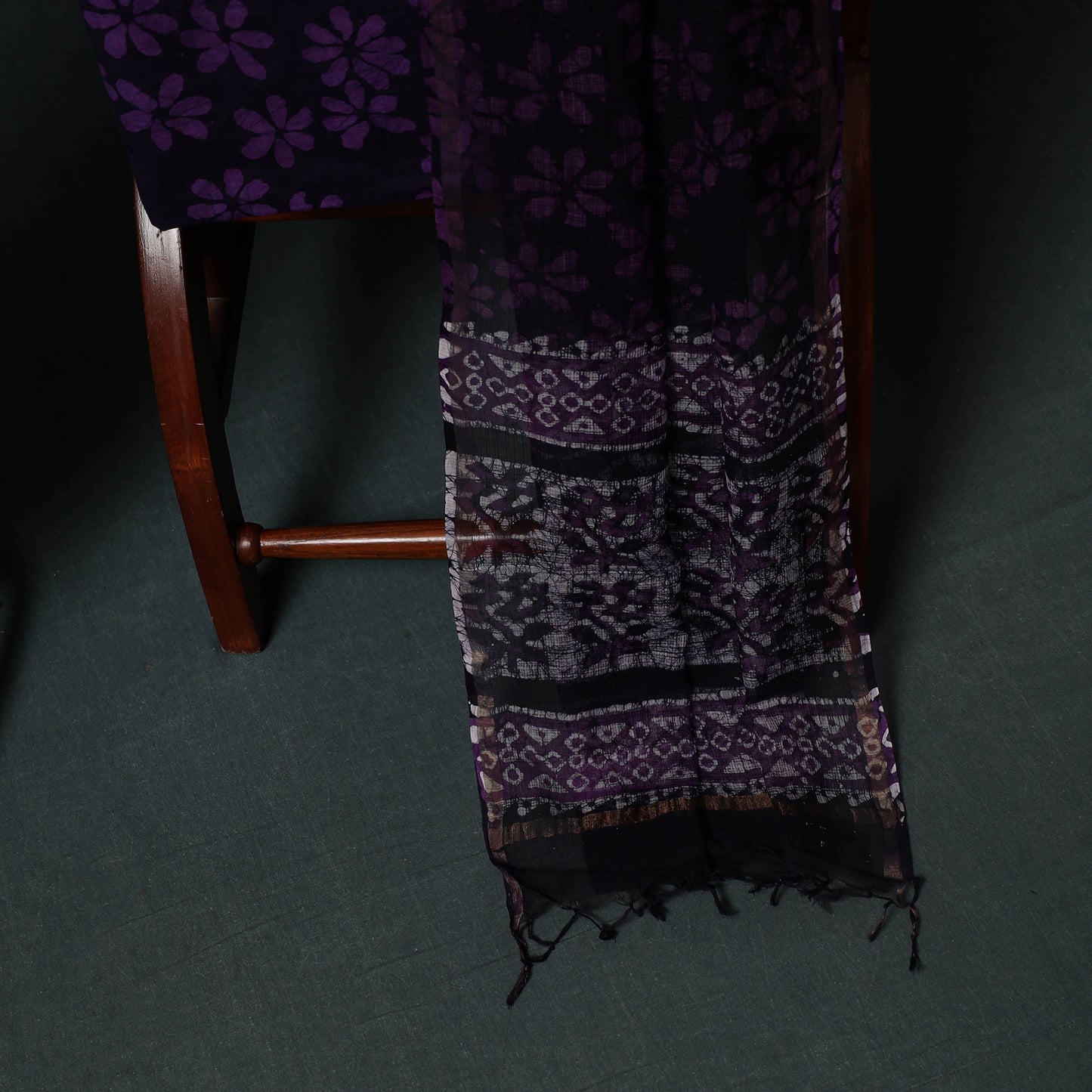 Blue - Kutch Hand Block Batik Print Kota Doria Cotton 3pc Unstitched Dress Material Suit Set 02
