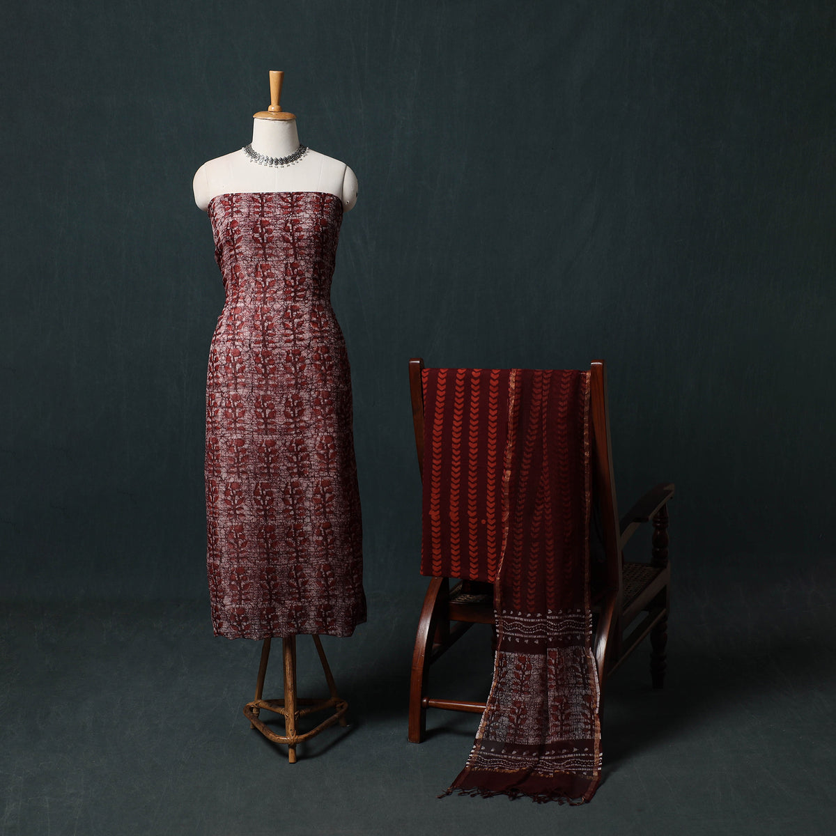 Red - Kutch Hand Block Batik Print Kota Doria Cotton 3pc Unstitched Dress Material Suit Set 03