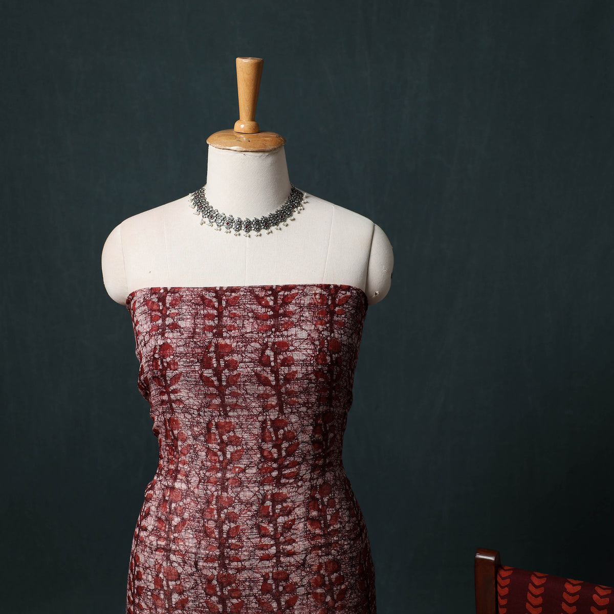Red - Kutch Hand Block Batik Print Kota Doria Cotton 3pc Unstitched Dress Material Suit Set 03