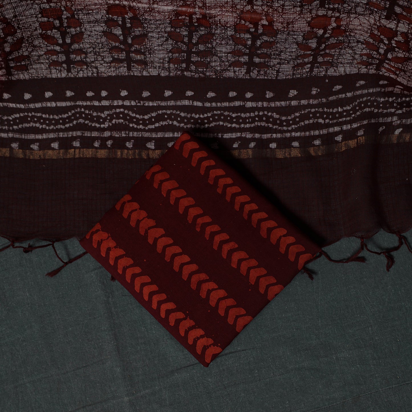 Red - Kutch Hand Block Batik Print Kota Doria Cotton 3pc Unstitched Dress Material Suit Set 03