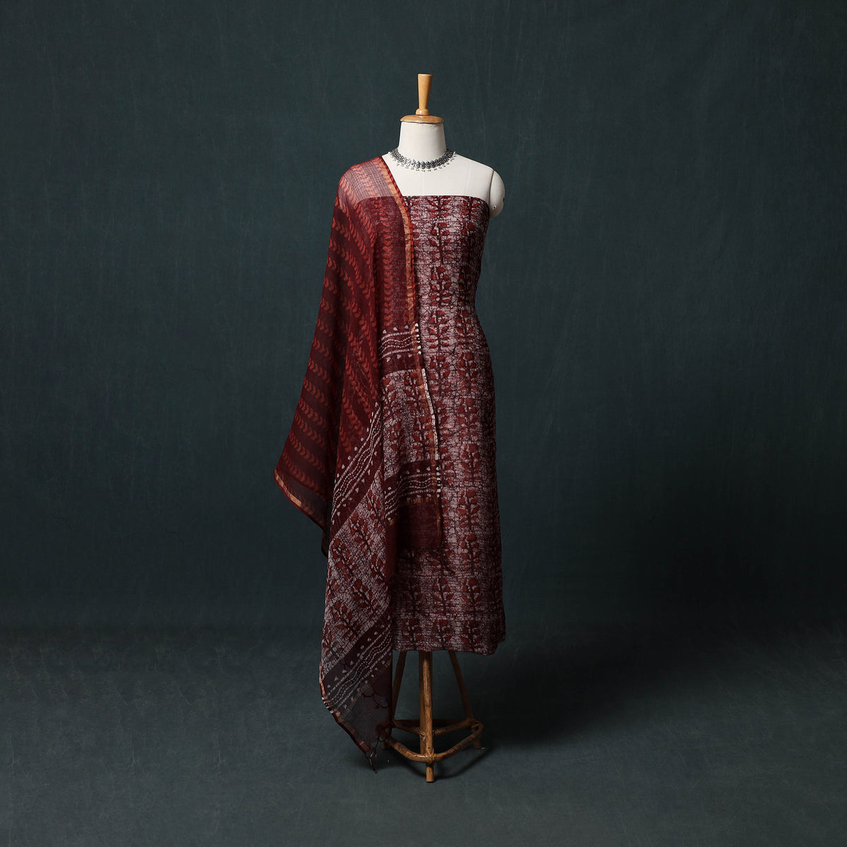 Red - Kutch Hand Block Batik Print Kota Doria Cotton 3pc Unstitched Dress Material Suit Set 03
