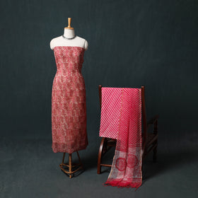 Pink - Kutch Hand Block Batik Print Kota Doria Cotton 3pc Unstitched Dress Material Suit Set 04