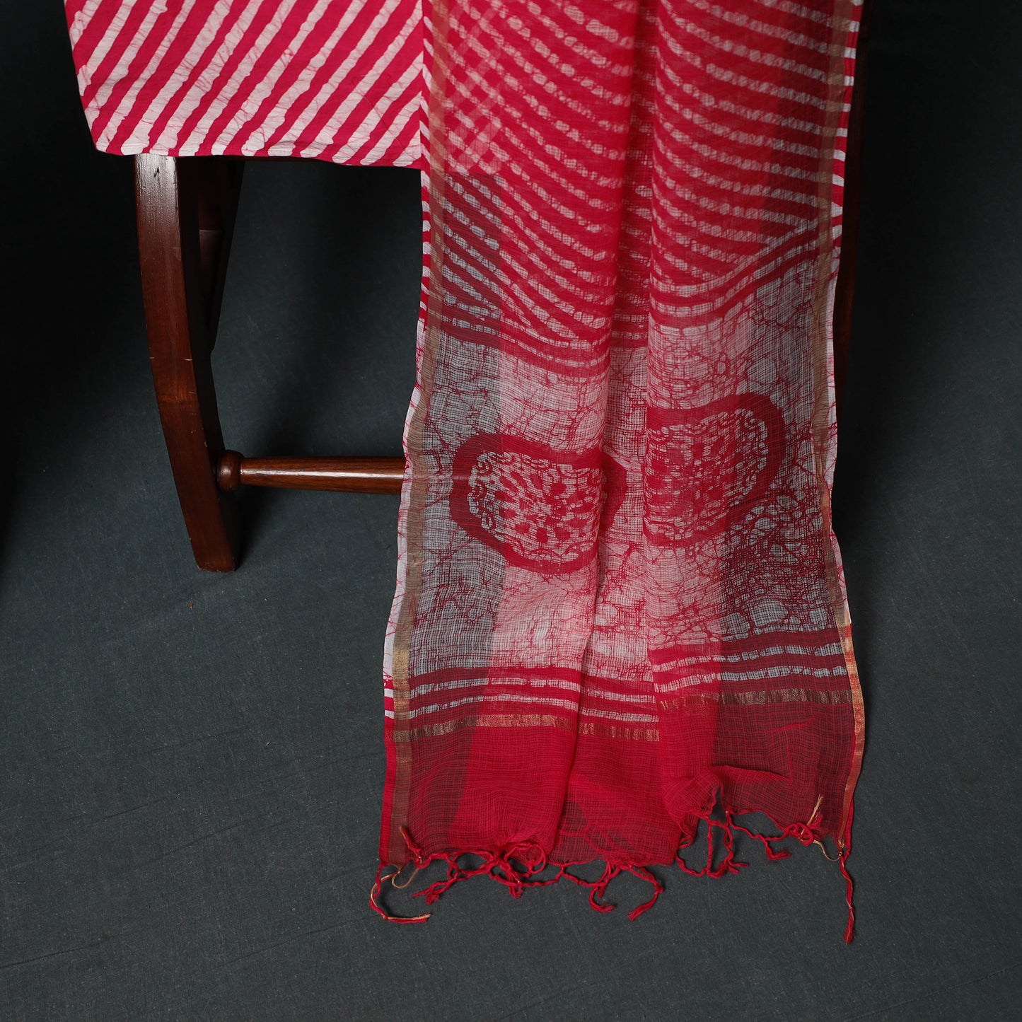 Pink - Kutch Hand Block Batik Print Kota Doria Cotton 3pc Unstitched Dress Material Suit Set 04
