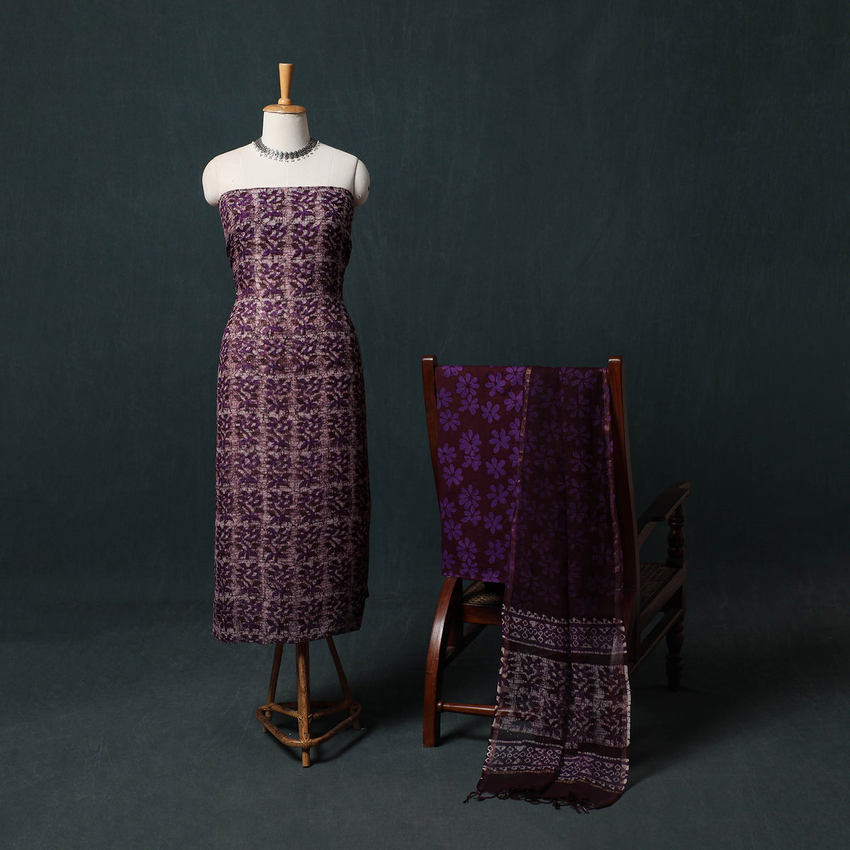 Purple - Kutch Hand Block Batik Print Kota Doria Cotton 3pc Unstitched Dress Material Suit Set 05