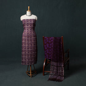 Purple - Kutch Hand Block Batik Print Kota Doria Cotton 3pc Unstitched Dress Material Suit Set 05