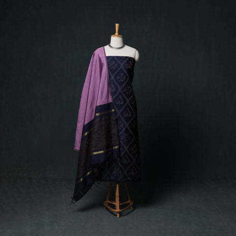 Pochampally Ikat Silk Cotton Kurta,Bottom & Dupatta Unstitched Dress Material Suit Set 09