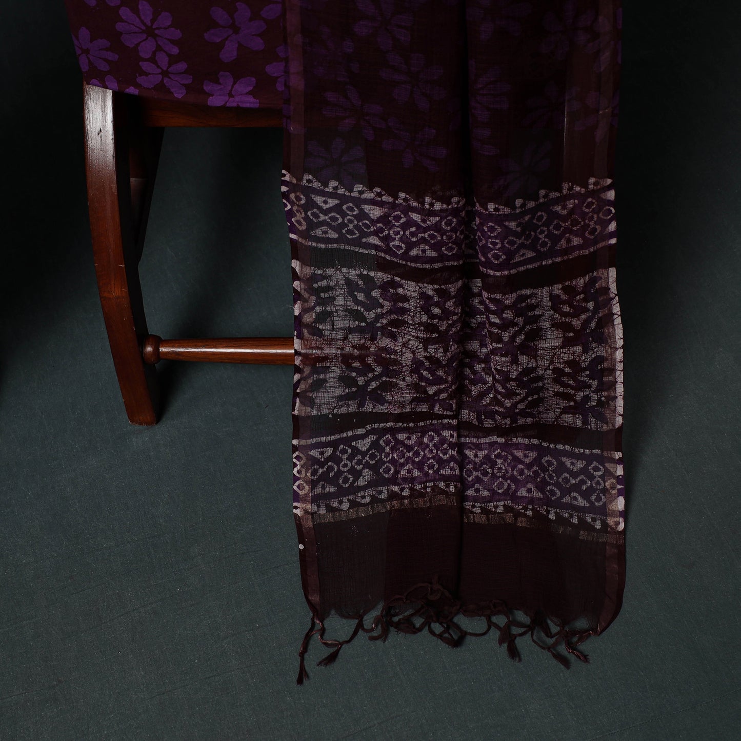 Purple - Kutch Hand Block Batik Print Kota Doria Cotton 3pc Unstitched Dress Material Suit Set 05