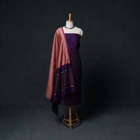 Pochampally Ikat Silk Cotton Kurta,Bottom & Dupatta Unstitched Dress Material Suit Set 10