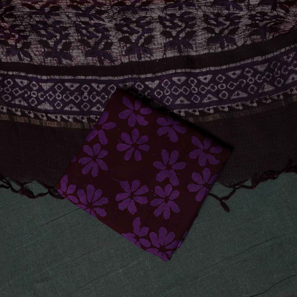 Purple - Kutch Hand Block Batik Print Kota Doria Cotton 3pc Unstitched Dress Material Suit Set 05