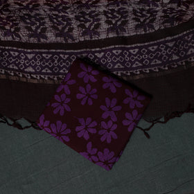 Purple - Kutch Hand Block Batik Print Kota Doria Cotton 3pc Unstitched Dress Material Suit Set 05