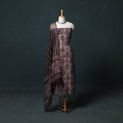 Kutch Hand Block Batik Print Kota Doria Cotton 3pc Unstitched Dress Material Suit Set 06