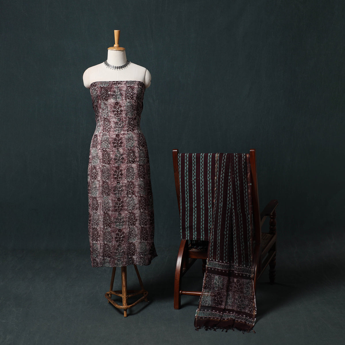 Purple - Kutch Hand Block Batik Print Kota Doria Cotton 3pc Unstitched Dress Material Suit Set 06
