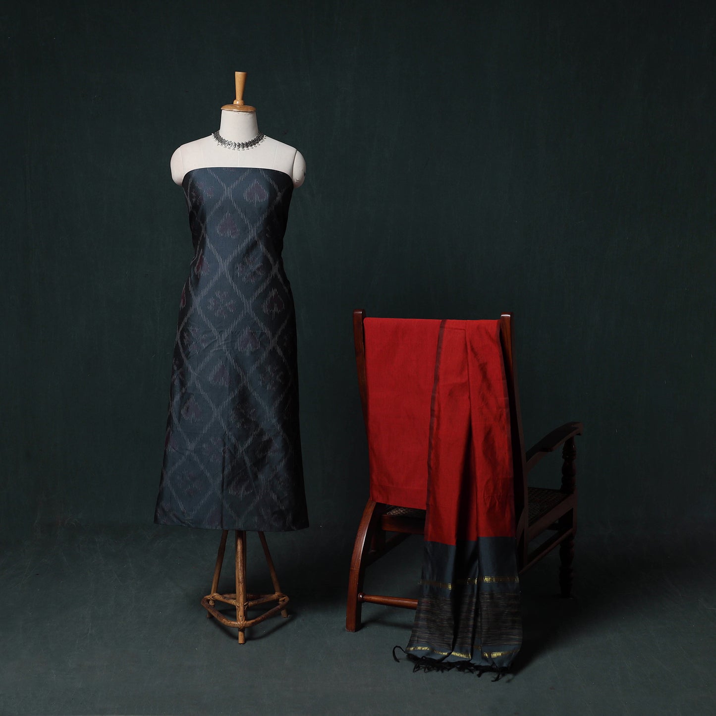 Pochampally Ikat Silk Cotton Kurta,Bottom & Dupatta Unstitched Dress Material Suit Set 11