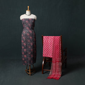 Pink - Kutch Hand Block Batik Print Kota Doria Cotton 3pc Unstitched Dress Material Suit Set 07