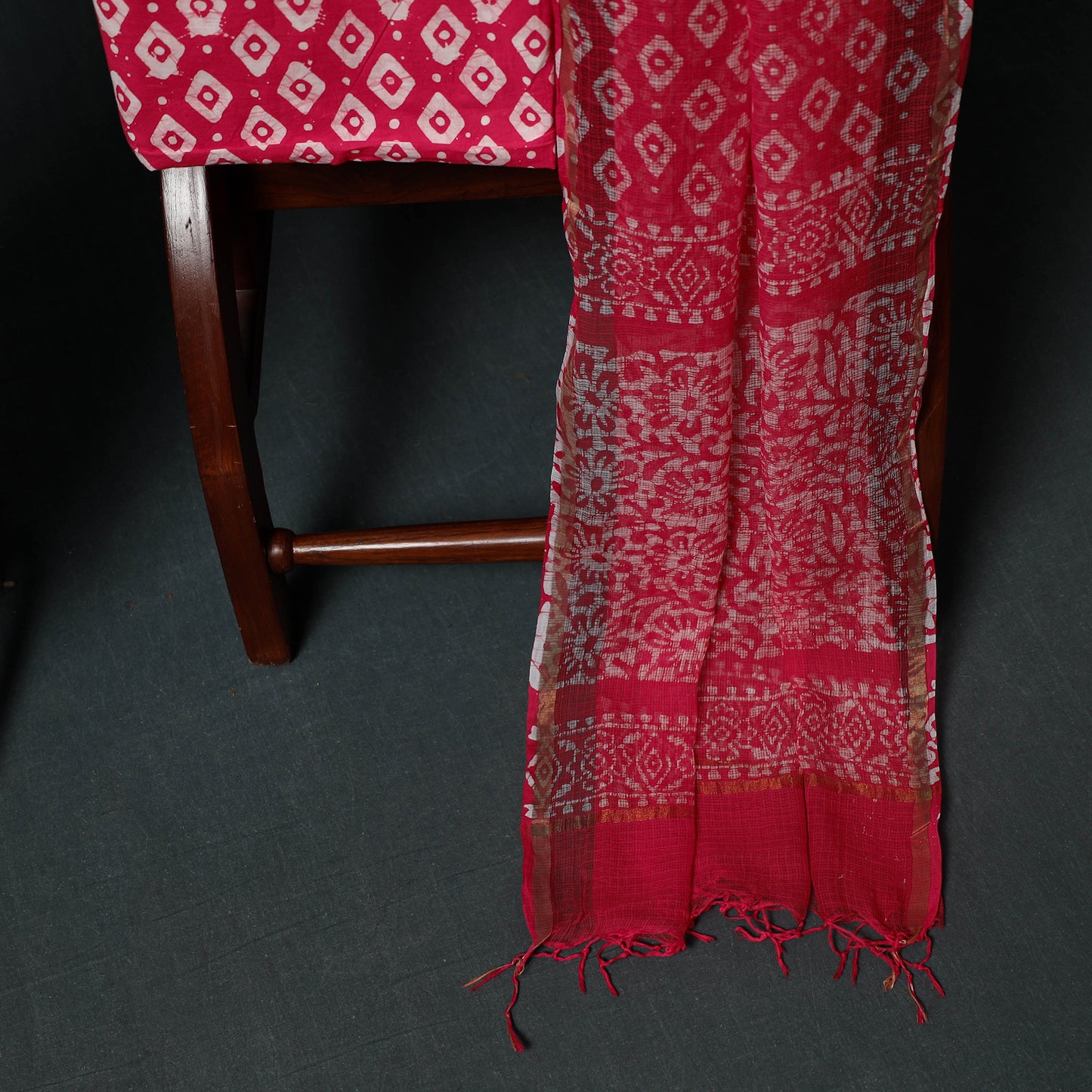 Pink - Kutch Hand Block Batik Print Kota Doria Cotton 3pc Unstitched Dress Material Suit Set 07