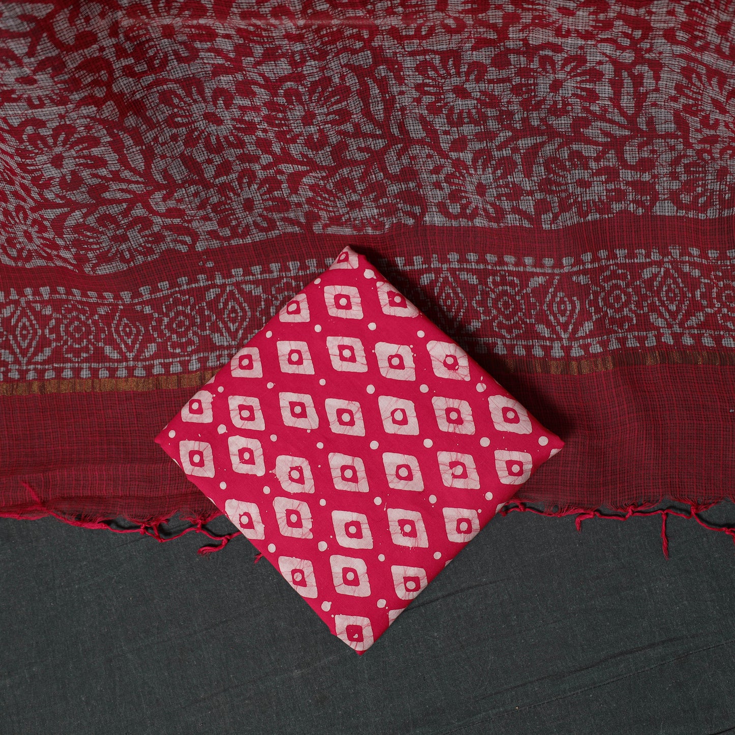 Pink - Kutch Hand Block Batik Print Kota Doria Cotton 3pc Unstitched Dress Material Suit Set 07