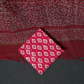 Pink - Kutch Hand Block Batik Print Kota Doria Cotton 3pc Unstitched Dress Material Suit Set 07