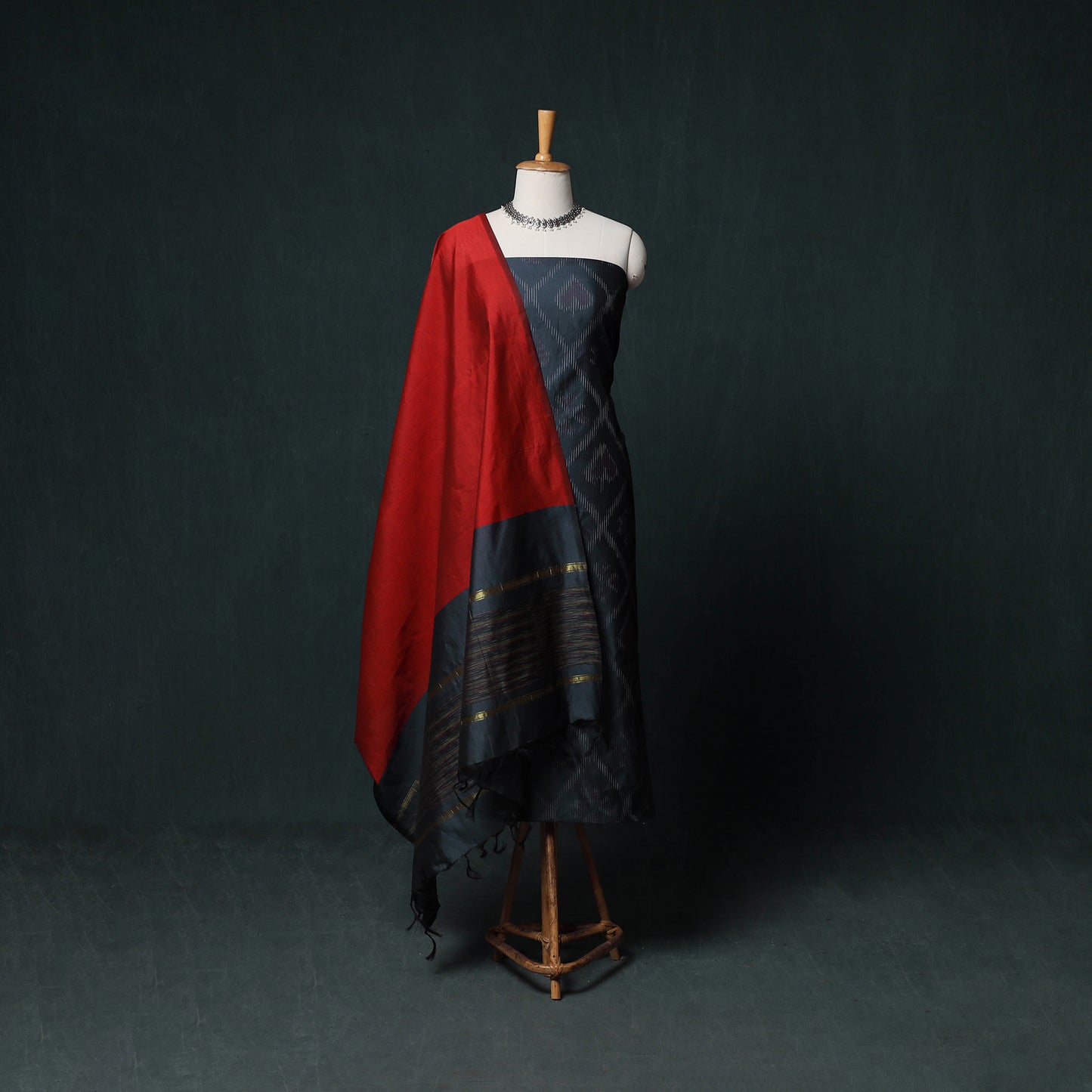 Pochampally Ikat Silk Cotton Kurta,Bottom & Dupatta Unstitched Dress Material Suit Set 11
