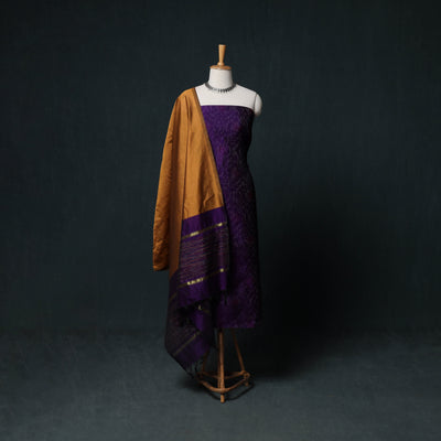 Pochampally Ikat Silk Cotton Kurta,Bottom & Dupatta Unstitched Dress Material Suit Set 12