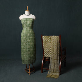 Green - Kutch Hand Block Batik Print Kota Doria Cotton 3pc Unstitched Dress Material Suit Set 08