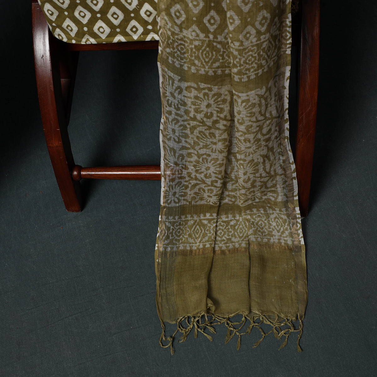 Green - Kutch Hand Block Batik Print Kota Doria Cotton 3pc Unstitched Dress Material Suit Set 08