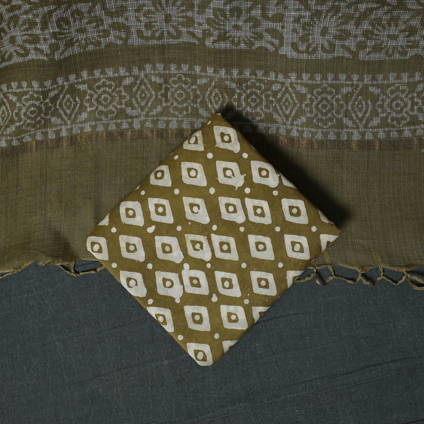 Green - Kutch Hand Block Batik Print Kota Doria Cotton 3pc Unstitched Dress Material Suit Set 08