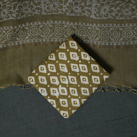 Green - Kutch Hand Block Batik Print Kota Doria Cotton 3pc Unstitched Dress Material Suit Set 08