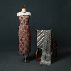 Brown - Maroon - Kutch Hand Block Batik Print Kota Doria Cotton 3pc Unstitched Dress Material Suit Set 09