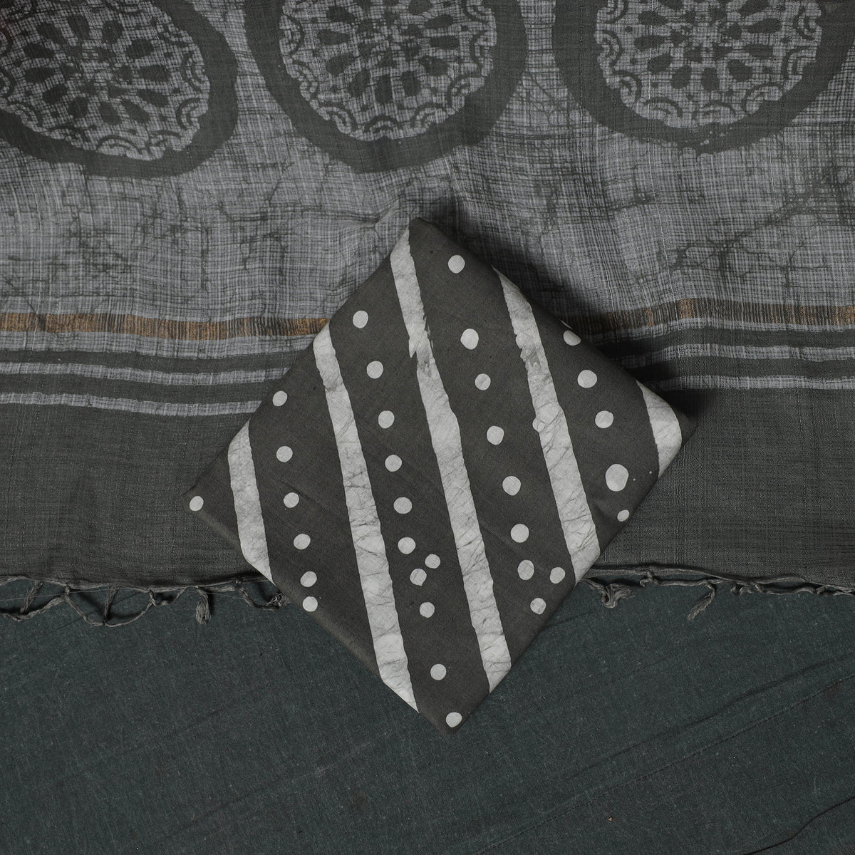 Brown - Maroon - Kutch Hand Block Batik Print Kota Doria Cotton 3pc Unstitched Dress Material Suit Set 09