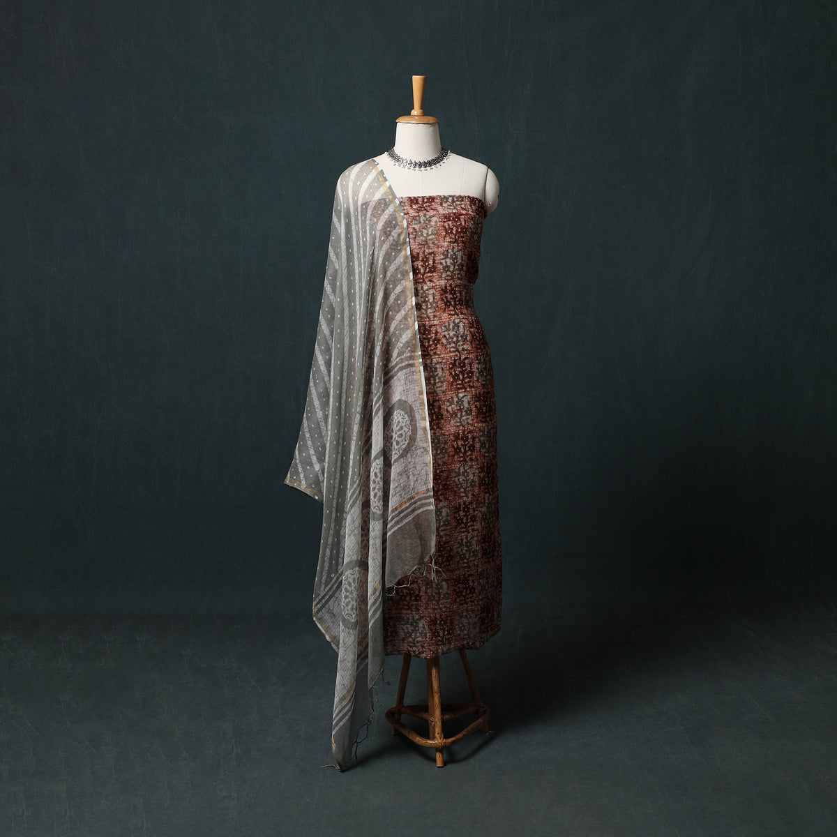 Brown - Maroon - Kutch Hand Block Batik Print Kota Doria Cotton 3pc Unstitched Dress Material Suit Set 09