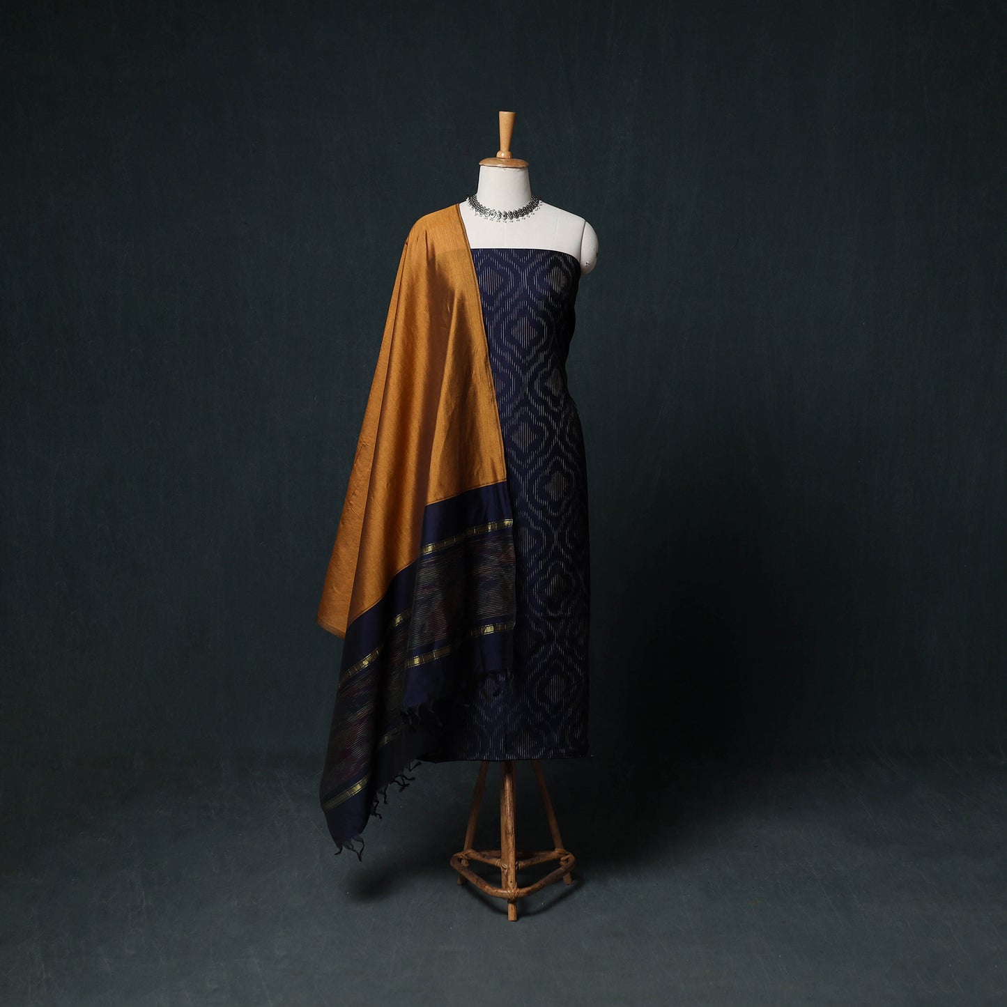 Pochampally Ikat Silk Cotton Kurta,Bottom & Dupatta Unstitched Dress Material Suit Set 14