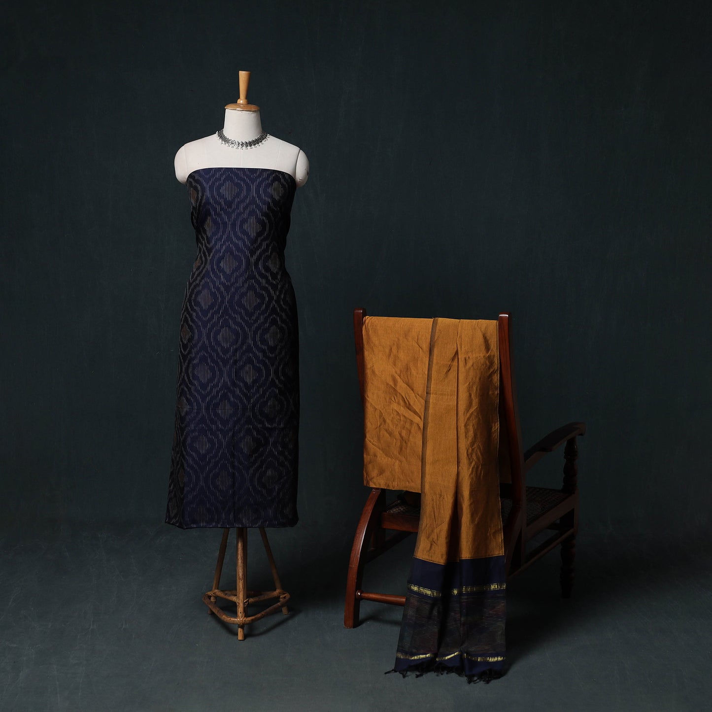 Pochampally Ikat Silk Cotton Kurta,Bottom & Dupatta Unstitched Dress Material Suit Set 14