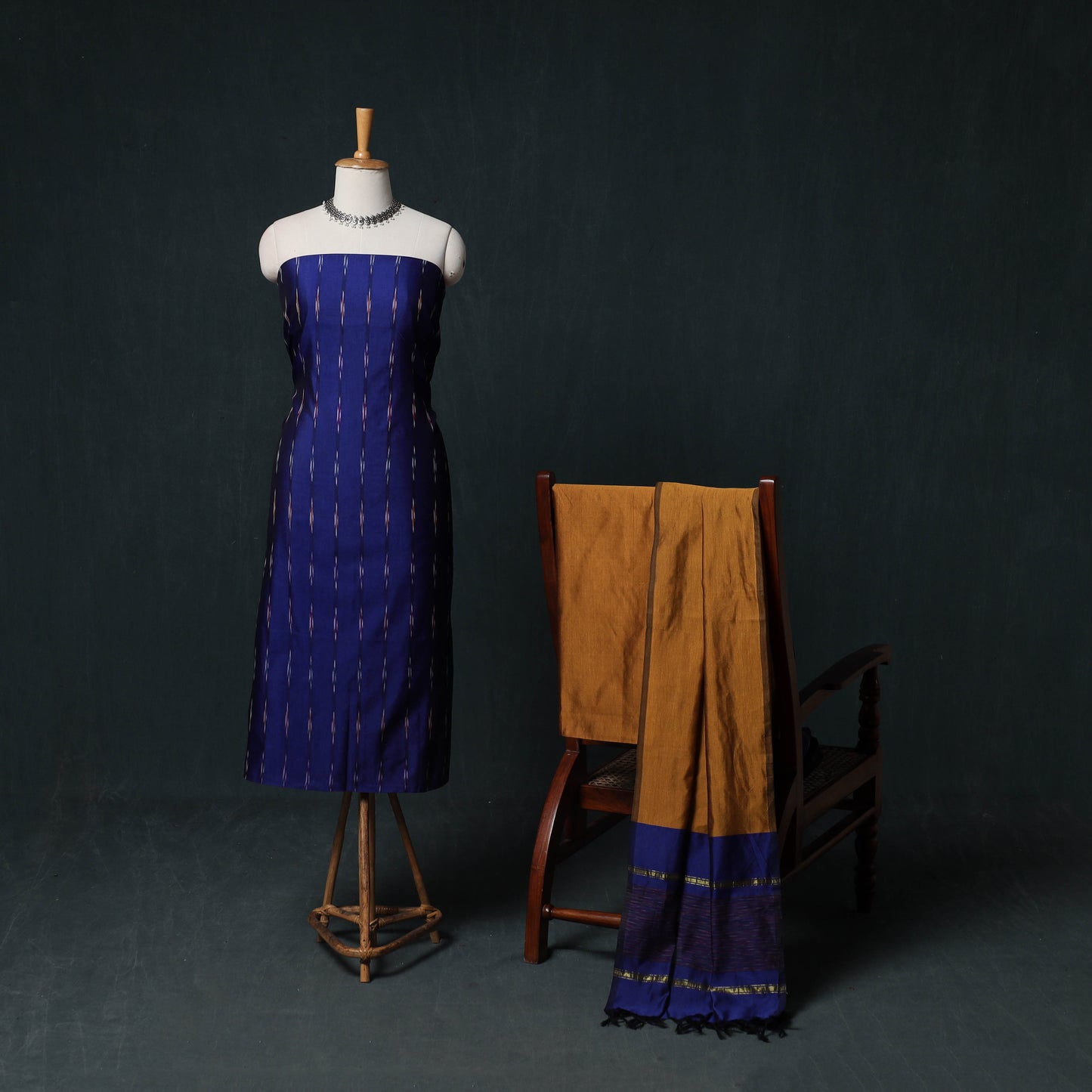 Pochampally Ikat Silk Cotton Kurta,Bottom & Dupatta Unstitched Dress Material Suit Set 16