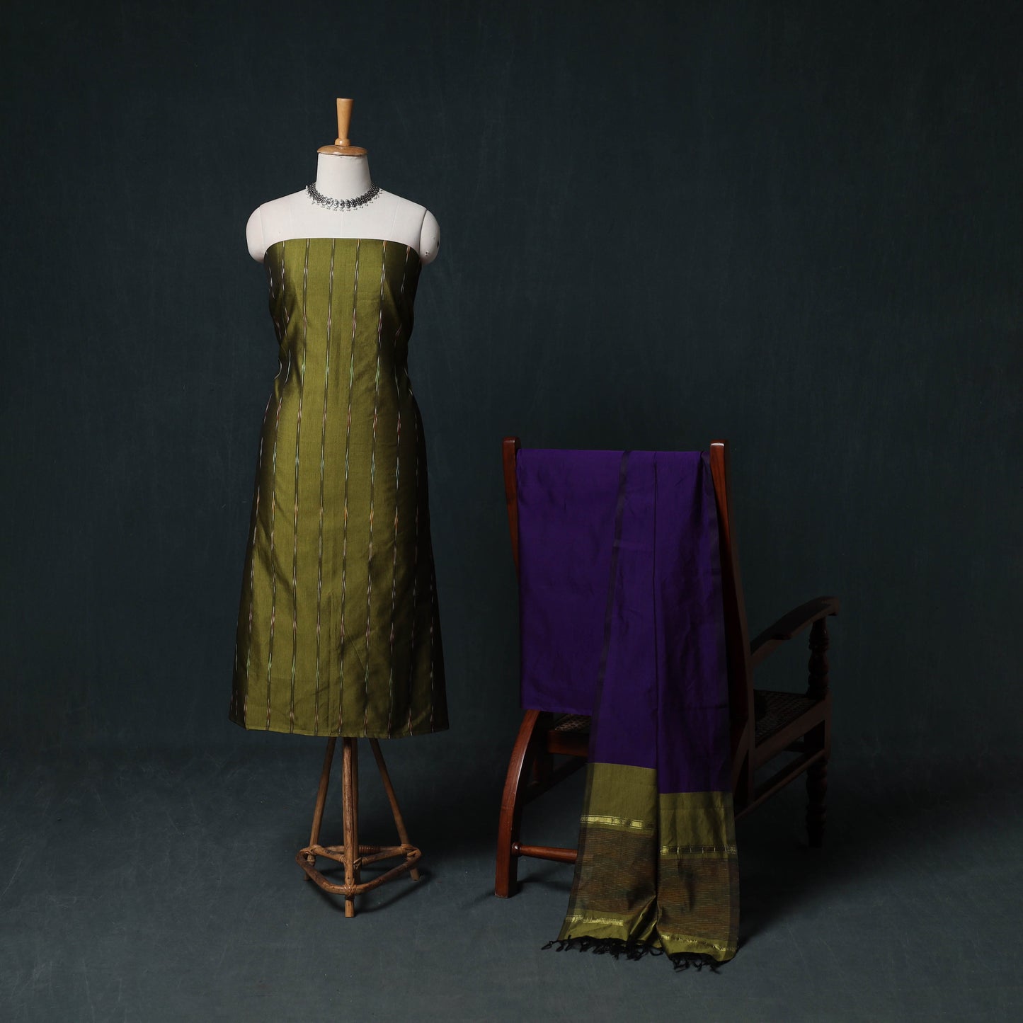 Pochampally Ikat Silk Cotton Kurta,Bottom & Dupatta Unstitched Dress Material Suit Set 17