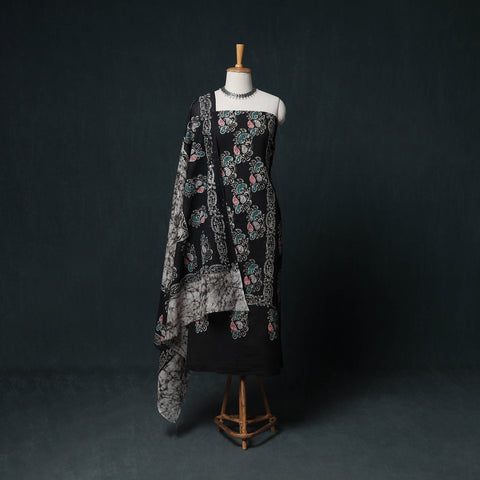 Black - Indonesian Hand Batik Print Cotton 3pc Unstitched Dress Material Suit Set 03