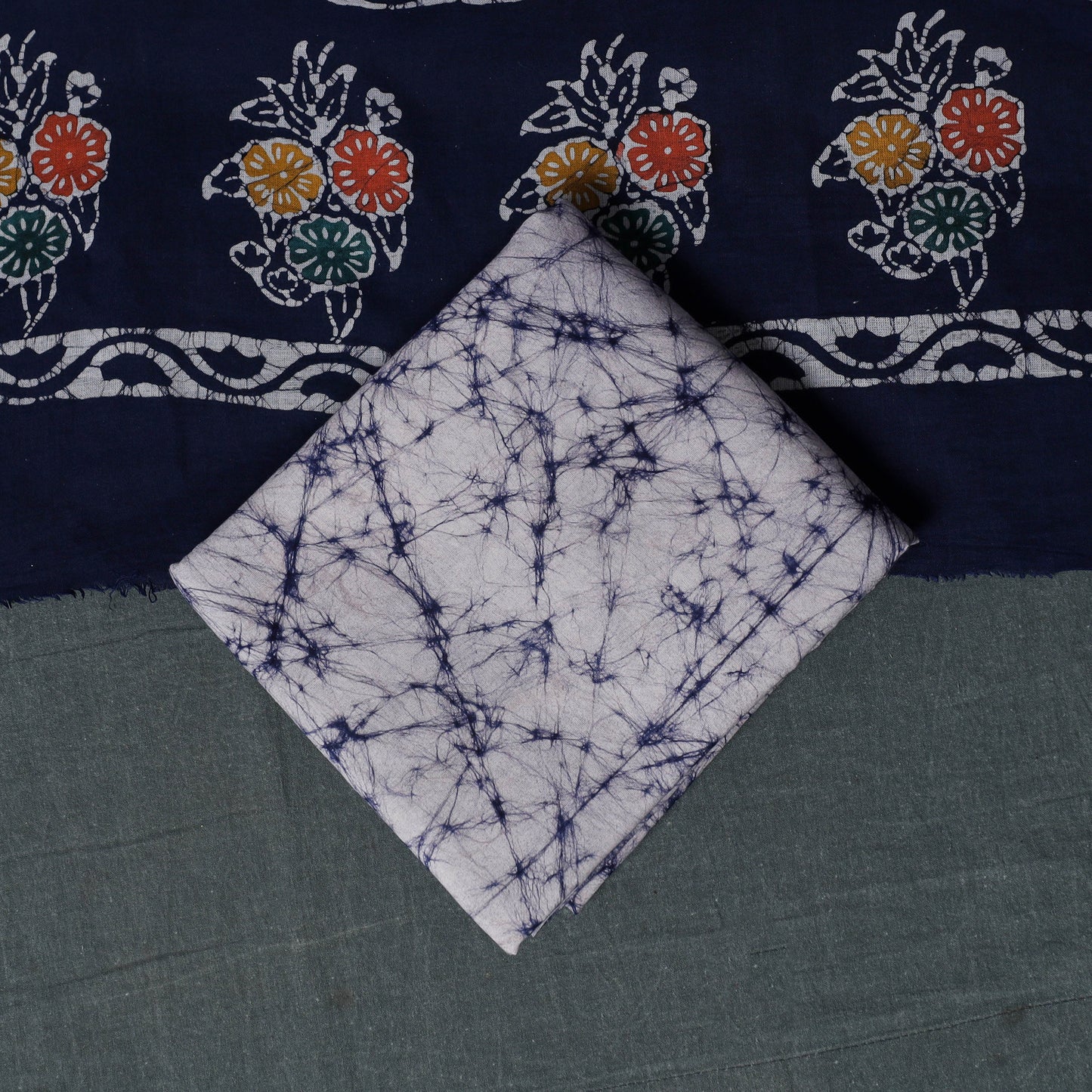 Indonesian Hand Batik Print Cotton 3pc Unstitched Dress Material Suit Set 05