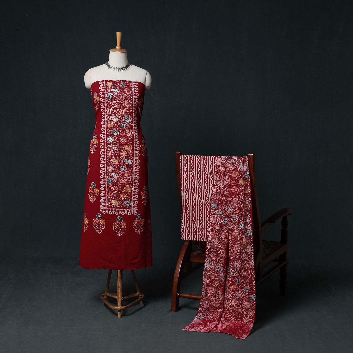Indonesian Hand Batik Print Cotton 3pc Unstitched Dress Material Suit Set 06