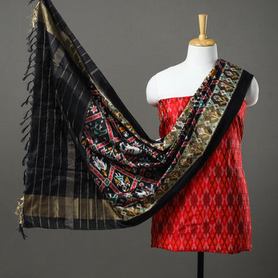 Red - 2pc Mulberry Silk Pochampally Ikat Dress Material Set 01