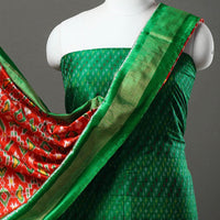 Green - 2pc Mulberry Silk Pochampally Ikat Dress Material Set 02