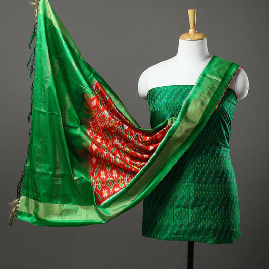 Green - 2pc Mulberry Silk Pochampally Ikat Dress Material Set 02