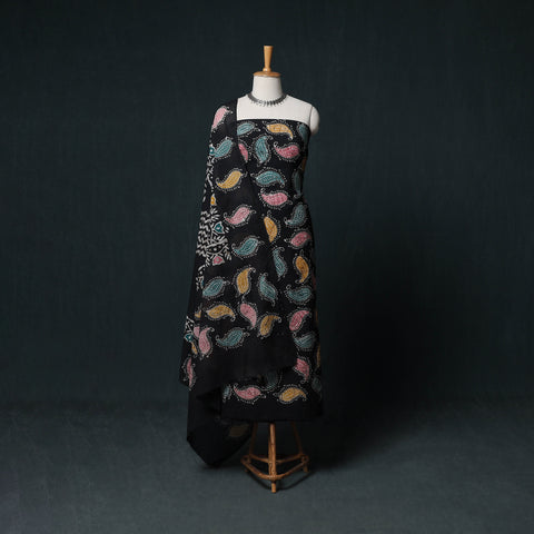 Black - Indonesian Hand Batik Print Cotton 3pc Unstitched Dress Material Suit Set 08