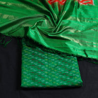 Green - 2pc Mulberry Silk Pochampally Ikat Dress Material Set 02