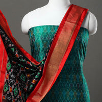 Green - 2pc Mulberry Silk Pochampally Ikat Dress Material Set 04