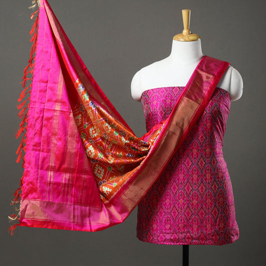 Pink - 2pc Mulberry Silk Pochampally Ikat Dress Material Set 08